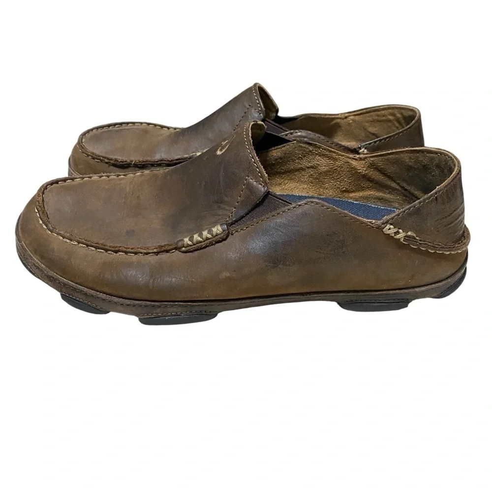 OluKai Moloa Brown Leather Men’s Loafers in Size 9.